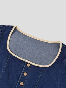 Balvessa Women's Piped Square Neck Long Sleeve Button Half-Placket Wide Leg Denim Jumpsuit - Blue - View 6