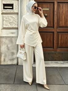 Celisse Women's Solid Color Long Sleeve Top And Pants Casual Daily 2 Pieces Set - Apricot - View 5