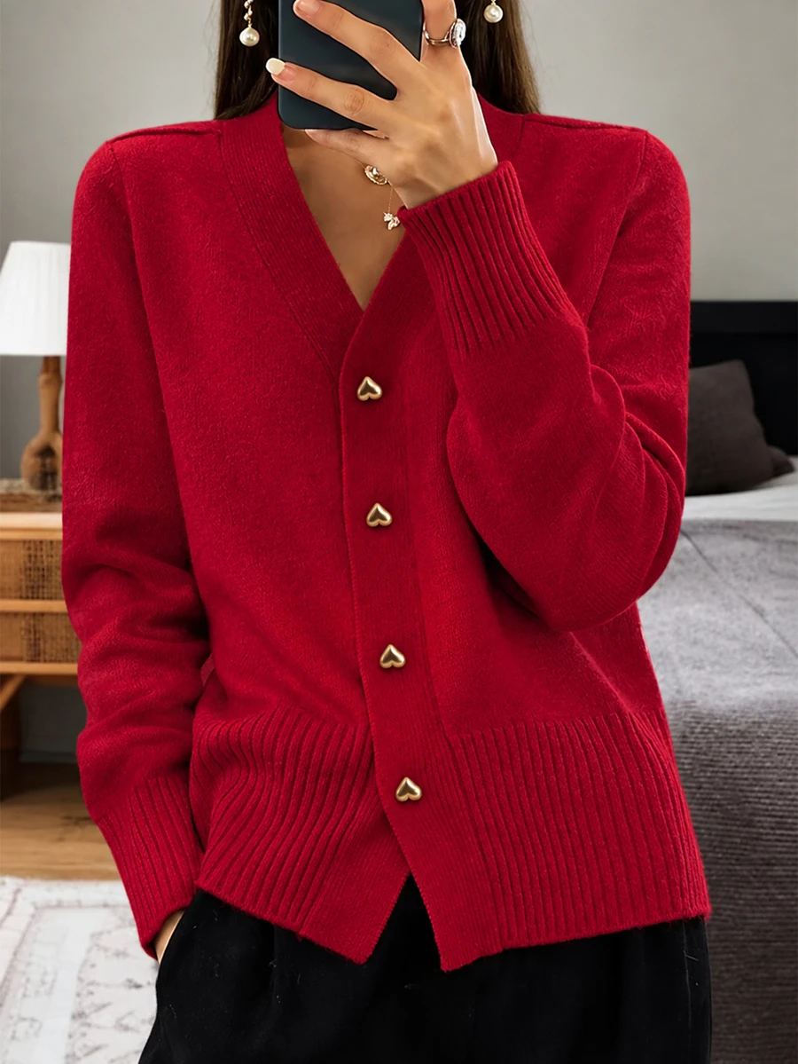 Balvessa Autumn/Winter New Loose Fit Unique Heart Button Versatile Knit Cardigan - Red - View 1