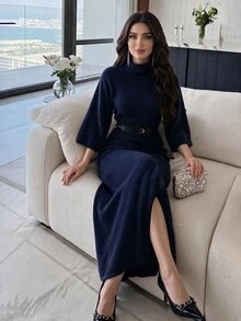 Feyla Women's Autumn/Winter Elegant Solid Color Stand Collar Knit Dress , Commuter , Fall - Navy Blue - View 1