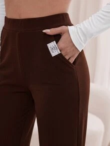 SHEIN Tall 斜口袋直筒長褲，高個女性適用 - 棕色 - 查看 4