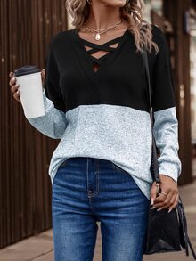 EMERY ROSE Women's Contrast Color Crossed Neckline Drop Shoulder Long Sleeve Casual Sweatshirt Fall Cloth For Women - Multicolor - View 4