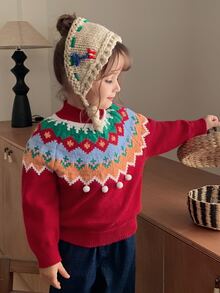 Hapijoa Young Girl Geometric Pattern Raglan Long Sleeve Casual Sweater - Burgundy - View 4