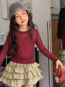 Dazy Kids 青少年女孩圓領波點T恤 - 酒紅色 - 查看 5
