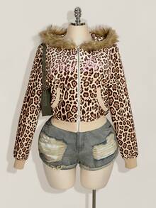 SHEIN ICON Plus Size Women's Plush Patchwork Leopard Print Casual Daily Sweatshirt - Multicolor - View 4