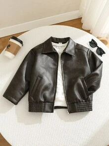 SHEIN Jaket Anak Laki-Laki/Remaja dengan Kerah PU Longgar dan Saku Tempel, Cocok untuk Hari Karier Musim Dingin dan Kembali ke Sekolah. - Coklat - View 1