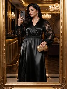 Auveirra Plus Size Women's Contrast Lace Lantern Sleeve Overlap V-Neck Elegant Dress - Black - View 7
