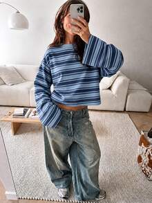 SHEIN EZwear 女款藍色條紋落肩長袖休閒T恤 - 彩色 - 查看 7