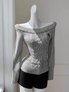 Comfortcana 女款刺繡麻花編織圓領長袖針織毛衣，海軍藍秋冬毛衣 - 淺灰色 - 查看 8