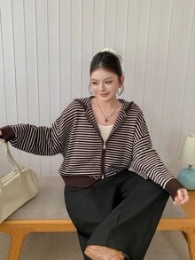 Dazy Plus Plus Size Striped Color Block Zipper Knit Cardigan - Brown - View 5