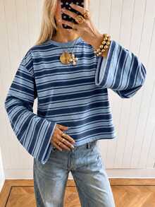 SHEIN EZwear 女款藍色條紋落肩長袖休閒T恤 - 彩色 - 查看 6