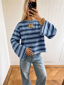 SHEIN EZwear 女款藍色條紋落肩長袖休閒T恤 - 彩色 - 查看 4