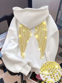 SHEIN 青少年女孩冬季長袖連帽寬鬆黑色運動衫，萬聖節派對 Groovy 街頭風休閒穿搭 - 白色 - 查看 1
