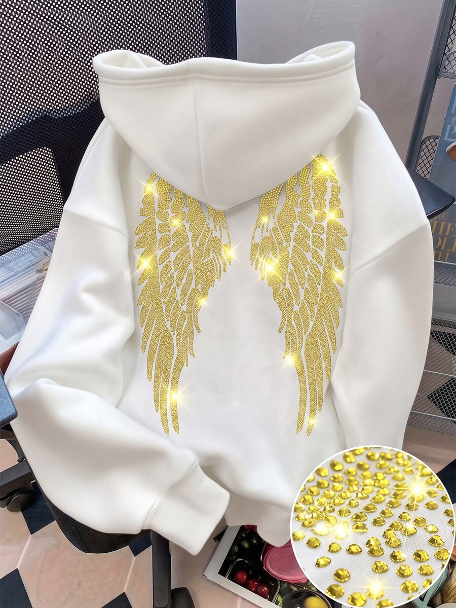 SHEIN 青少年女孩冬季長袖連帽寬鬆黑色運動衫,萬聖節派對 Groovy 街頭風休閒穿搭 - 白色 - 查看 1