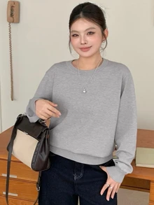 Dazy Plus Áo len cổ tròn dáng rộng màu trơn phong cách thường ngày dễ phối đồ cho mùa Thu/Đông mới - Xám - Xem 6