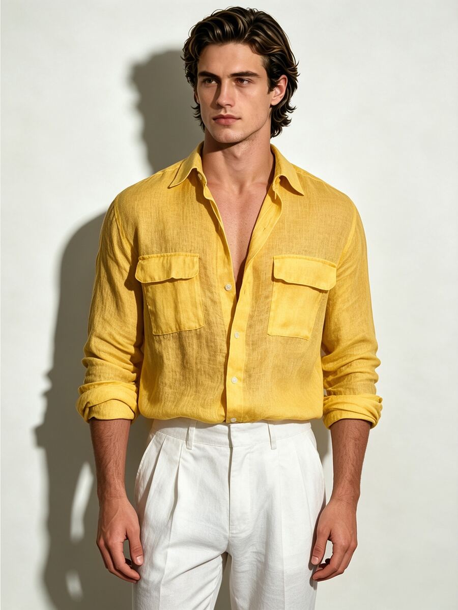 TONEVAULT Men's Solid Color Casual Versatile Daily Wear Shirt - Yellow - View 1