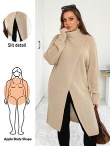 Shapeblank كنزة صوفية نسائية مقاس كبير للخريف/الشتاء، أنيقة وعملية وفضفاضة ومريحة، بلون المشمش، بأكمام طويلة وياقة عالية مع فتحة أمامية - كاكي - مشاهدة 1
