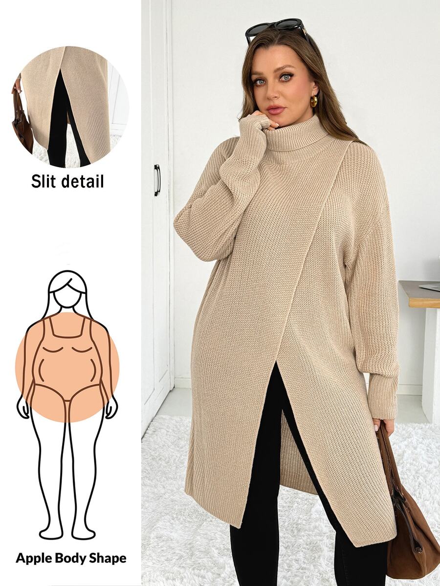 Shapeblank كنزة صوفية نسائية مقاس كبير للخريف/الشتاء، أنيقة وعملية وفضفاضة ومريحة، بلون المشمش، بأكمام طويلة وياقة عالية مع فتحة أمامية - كاكي - مشاهدة 1