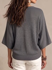 SHEIN كنزة نسائية كاجوال فضفاضة برقبة دائرية وأكمام 3/4 بتصميم أكمام خفاشي منسوجة أساسية باللون الرمادي للربيع والخريف - رمادي - مشاهدة 2