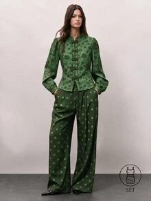 Nöista Women's All-Over Print Long Sleeve Top And Pants Casual Daily Set - Green - View 1