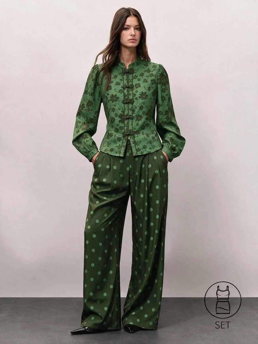 Nöista Women's All-Over Print Long Sleeve Top And Pants Casual Daily Set - Green - View 1