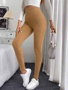 SHEIN LUNE 女款休閒素色高腰羅紋抓絨內搭褲 四季通用 健身運動 黑色 秋季 - 卡其色 - 查看 5