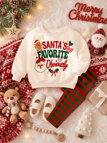 100% Santa's Favorite Obviously Santa's Favorite Little Helper 女孩聖誕搖粒絨運動衫與刷毛布料內搭褲套裝，舒適氛圍節慶派對穿搭 - 彩色 - 查看 2
