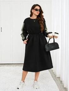 Easowa Curve Plus size minimalistisk plisserad colorblock-klänning - Svart - Visa 4