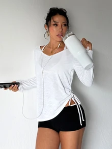 StreetHx Stage Dance Costume Drawstring Tie Long Sleeve Top - White - View 4