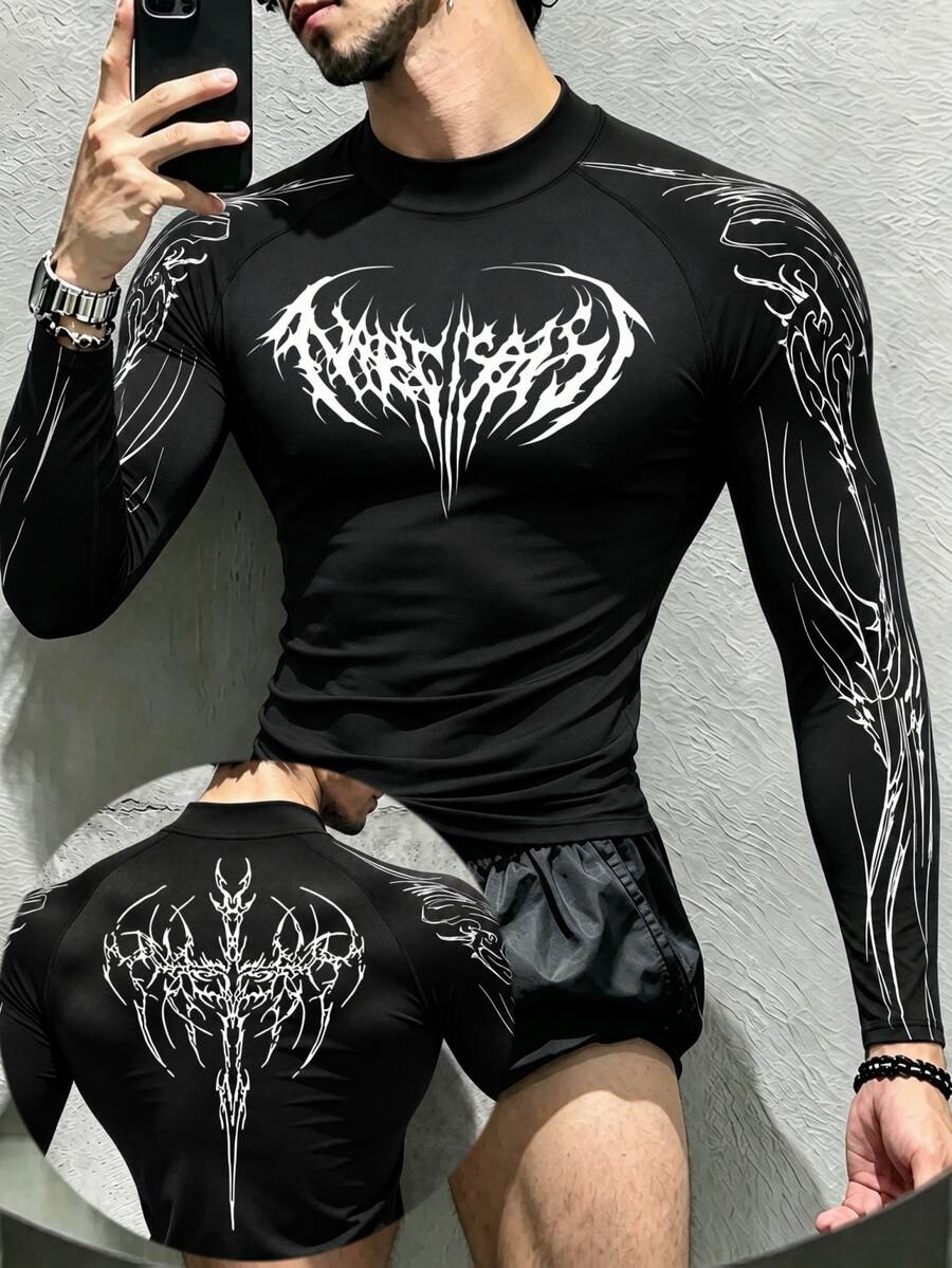 Gym Rark Áo thun thể thao nam tay dài raglan in họa tiết Gothic - màu đen - Xem 1