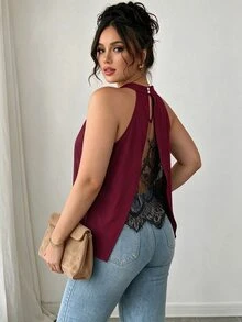 Elenzga Plus Size Women's Solid Color Back Contrast Lace Elegant Halter Neck Blouse - Burgundy - View 5