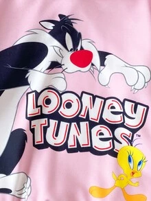 LOONEY TUNES X SHEIN Tween Girl Pink Versatile Cartoon Pattern Sweatshirt - Pink - View 7