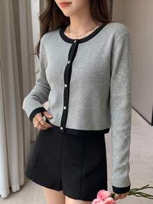 DAZY 2件組女款對比色細肩帶上衣開襟衫，秋季女裝長袖針織上衣 - 淺灰色 - 查看 5