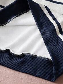 SHEIN 青少年女孩美式風圓領運動衫 海軍藍條紋印花，舒適冬季女孩套裝，冬季長袖上衣，舒適冬季運動衫，淺麻灰色 - 彩色 - 查看 4