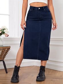 Flexra Plus Size Side Slit Denim Skirt Formal Date Night Black Autumn Casual 1960s - Dark Wash - View 5