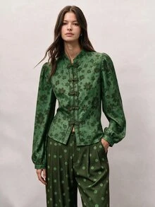 Nöista Women's All-Over Print Long Sleeve Top And Pants Casual Daily Set - Green - View 5