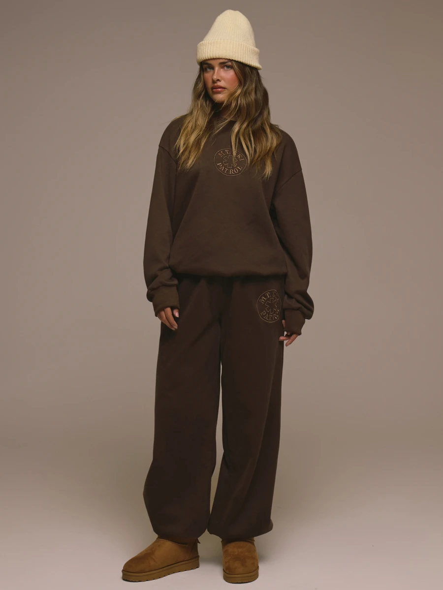 MUSERA Embroidrered Logo Elasticated Tie Waist Cuffed Jogger Autumn Fall Christmas Cute Holiday Alpine Drift - Coffee Brown - View 1