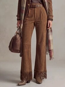 LUMIGAL Women's Tassel Design Casual Daily Wear Long Pants - Brown - View 7