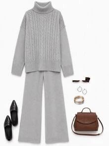 SHEIN طقم ملابس منزلية رمادي فاتح بتصميم كابل محبوك، كارديجان بياقة شال وبنطلون واسع الساق، ناعم ومريح بتصميم بسيط أنيق - رمادي - مشاهدة 9