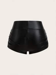 SHEIN EZwear 女款純色百褶黑色PU皮革保暖內裡短褲，適合派對與聚會，性感百搭 - 黑色 - 查看 2