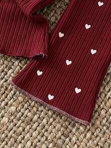 SHEIN 2Pcs Toddler Girl Knit Sweater Flare Pants Sweet Burgundy Heart Ribbed Asymmetric Long Sleeve Turtleneck Regular Holiday Fall Suits - Red and White - View 6