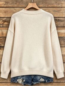 SHEIN LUNE 聖誕臘腸狗印花女款毛衣，寬鬆圓領落肩慵懶針織上衣 - 米色 - 查看 2