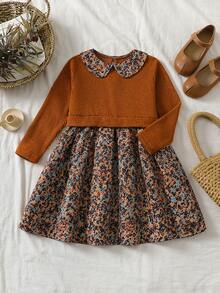 SHEIN Vintaside Kids Girls Elegant Rose Jacquard Knit Patchwork Floral Digital Print Ruffle Collar 2 In 1 Dress, Autumn - Coffee - View 5