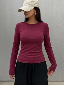 DAZY 女款純色極簡圓領長袖保暖T恤 - 酒紅色 - 查看 2