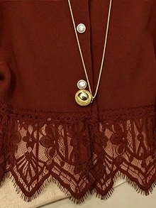 SHEIN PariChic 女款圓領單排扣蕾絲拼接休閒百搭日常開襟衫 - 酒紅色 - 查看 5