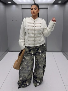 Muchica Plus Size Women's Zipper Placket Button Design Napoleon Sweatshirt - Grey - View 5