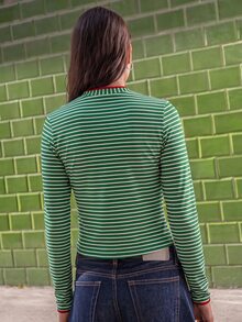 Nöista Long Sleeve Women's Wear Fitted Tee With Stripped Fabric And Contrast Neck With A Front Cut  - Green - View 6