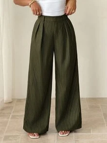 SHEIN PETITE 女款極簡現代海軍藍條紋西裝長褲，高腰寬褲，藍色條紋長褲，大廓形寬腿褲，休閒長褲，商務長褲，適合休閒外出、商務、辦公、通勤、正式場合，條紋長褲，海軍藍長褲，闊腿褲，女款百褶長褲 - 軍綠色 - 查看 9