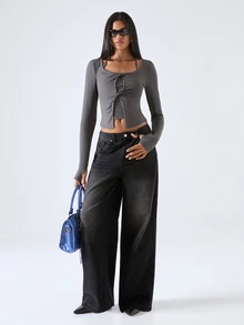 LYSMO Women's Solid Color Twisted Halter Neck Long Sleeve 2 In 1 T-Shirt With Split Hem - Grey - View 3