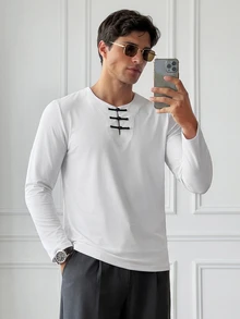 HUEFORM Spring/Autumn New Chinese Style Classic Long Sleeve Crew Neck T-Shirt, Vintage Modified Frog Button Design Base Layer, Men's Casual Solid Color Minimalist Inner Top - White - View 1